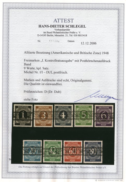 De allieredes besættelse - Tyskland (amerikansk og britisk zone) 1948 - Sæt med ikke-genkendte båndaftryk **/MNH med certifikat - Michel I/I-IX/I