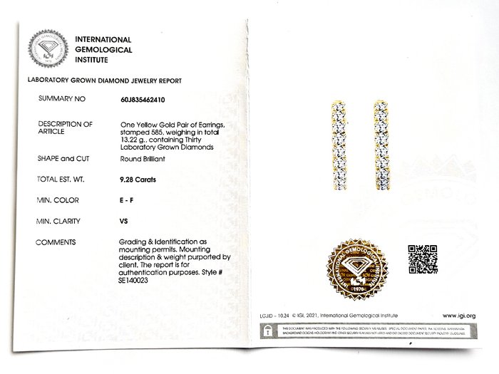 Øreringe - 14 karat Gulguld -  9.28ct. tw. Diamant (Laboratoriedyrket)