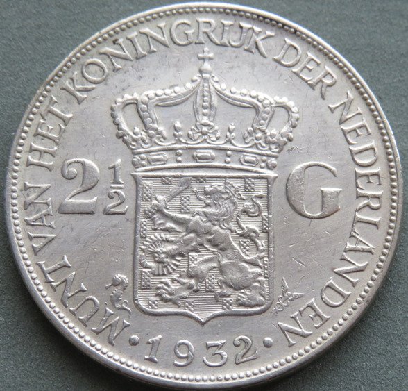 Holland. Wilhelmina (1890-1948). 2 1/2 Gulden 1932b Grof Haar