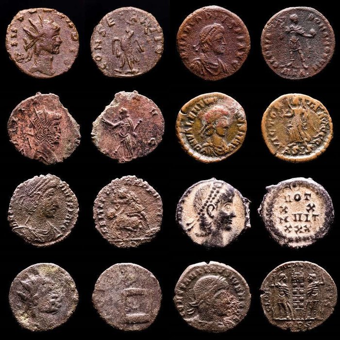 Romarriket. Lot comprising eight (8) coins: III-IV centuries AD.. Antoninianus, Follis, Maiorinas. Claudius II (2), Gallienus, Constantius II (2), Valentinianus, Constantine II  Arcadius  (Ingen mindstepris)