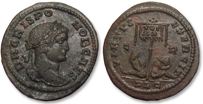 Romarriket. Crispus as Caesar. Follis Lugdunum (Lyon) circa 320 A.D. - extremely rare CRISPO spelling type - possibly unique/unpublished?