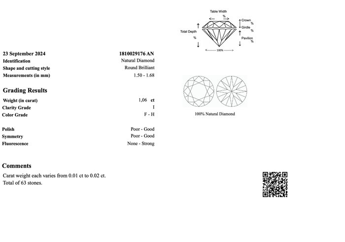 Ingen mindstepris - 63 pcs Diamant  (Natur)  - 1.06 ct - Rund - F, H - I1, I2, I3 - Gem Report Antwerp (GRA)