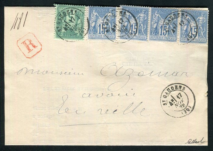 Frankrig 1878 - Belle  Rare Lettre Recommandée Locale de Saint Gaudens med nr. 75  90