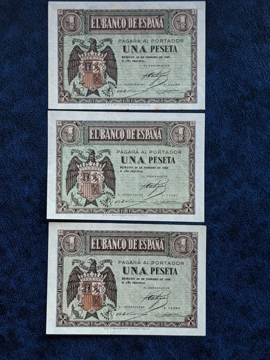 Spanien. 3 billetes de 1 pts de 1938 (emisión FEBRERO) NO CORRELATIVOS Peseta 1938 (emisión FEBRERO) - EDIFIL 427a  (Ingen mindstepris)