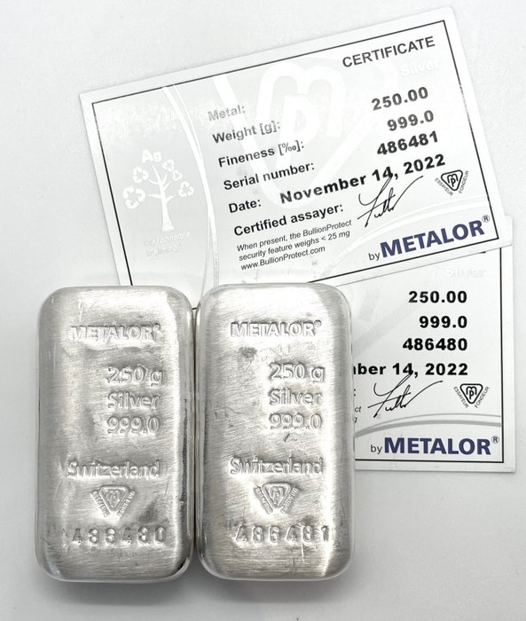 500 grams (2 x 250 grs) - NO RESERVE PRICE - Sølv 999 - Metalor, Switzerland - Med certifikat  (Ingen mindstepris)