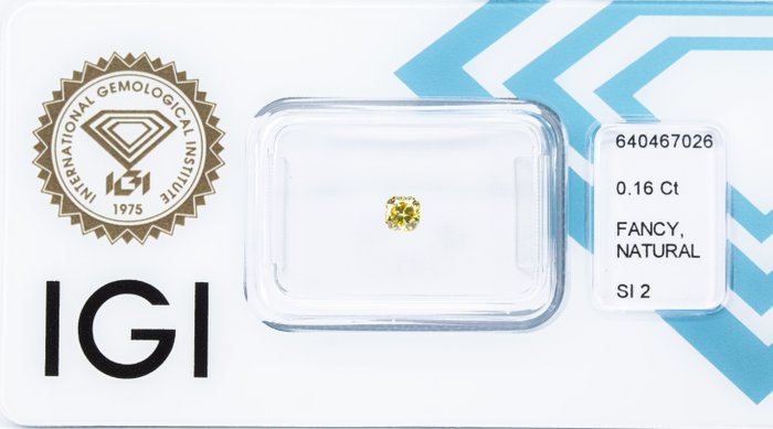 Ingen mindstepris - 1 pcs Diamant  (Naturfarvet)  - 0.16 ct - Pude - Fancy intense Gul - SI2 - International Gemological Institute (IGI)