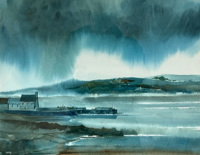 Hugh K Harwood (XX) - A coastal landscape under stormy skies.