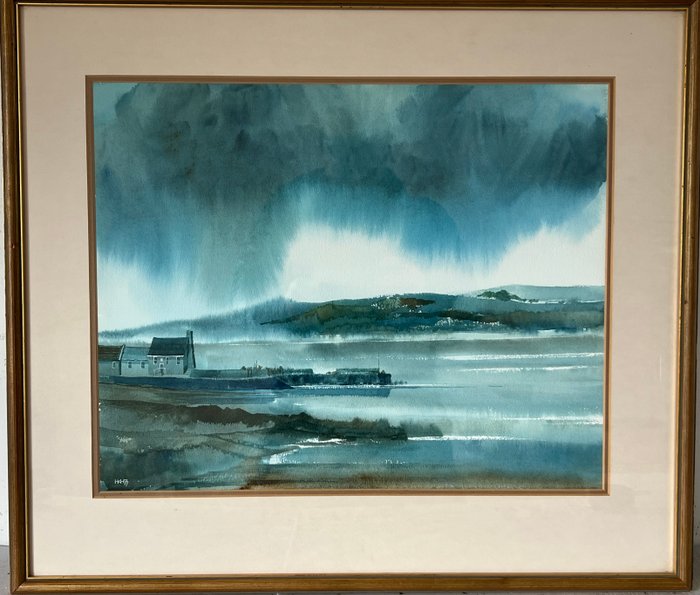 Hugh K Harwood (XX) - A coastal landscape under stormy skies.