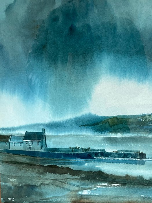 Hugh K Harwood (XX) - A coastal landscape under stormy skies.