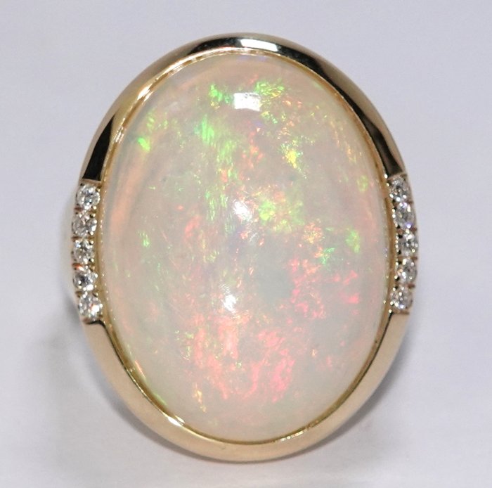 Ring - 14 karat Gulguld -  14.60ct. tw. Opal - Diamant - Gratis størrelsesændring op til EU60