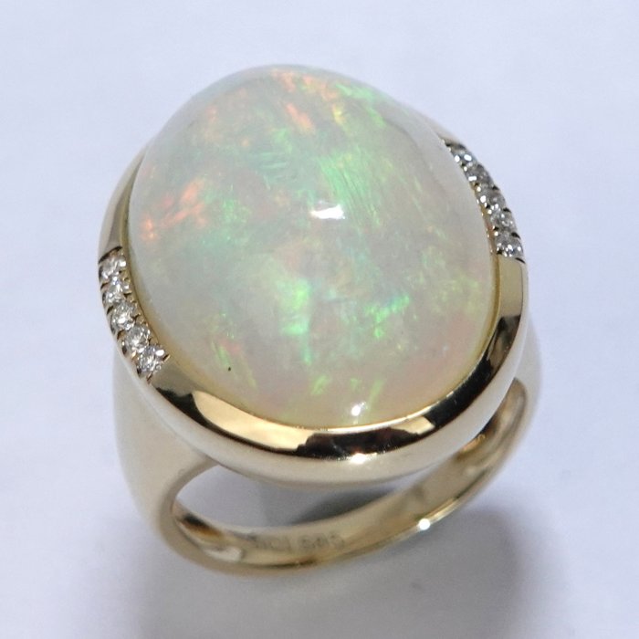 Ring - 14 karat Gulguld -  14.60ct. tw. Opal - Diamant - Gratis størrelsesændring op til EU60