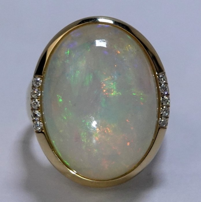 Ring - 14 karat Gulguld -  14.60ct. tw. Opal - Diamant - Gratis størrelsesændring op til EU60