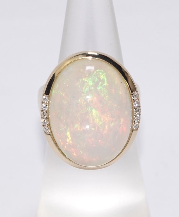 Ring - 14 karat Gulguld -  14.60ct. tw. Opal - Diamant - Gratis størrelsesændring op til EU60