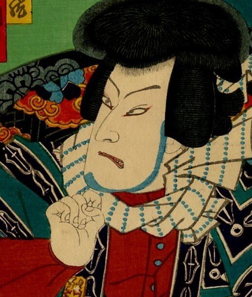 Original woodblock print - Kabuki actors in the roles of Tokuzō 徳蔵  Okaru おかる - 1871 - Toyohara Kunichika (1835-1900) - Japan -  Meiji-perioden (1868-1912)