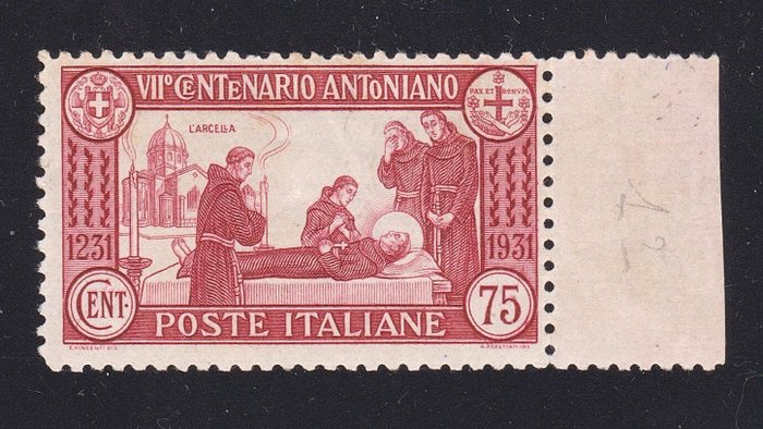 Italien Kongerige 1931 - "7. århundrede for St. Anthonys død" Dent. 12 arks kant fremragende centrering MNH** - Sassone N 299 euro 1.125,00