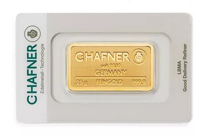 25 gram - Guld 999 - C. Hafner - Deutschland - Goldbarren im Blister CertiCard mit Zertifikat - Forseglet  Med certifikat