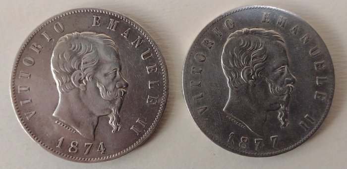 Italien, Kongeriget Italien. Vittorio Emanuele II di Savoia (1861-1878). 5 Lire 1874/1877 (2 monete)  (Ingen mindstepris)