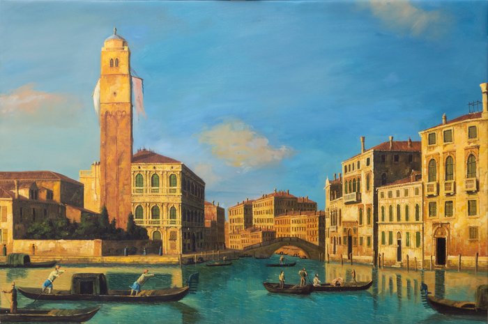 Scuola italiana (XX), After Canaletto - Vista della conduzione del Canale di Cannaregio nel Canal Grande con il  Palazzo Labia, il Campanile