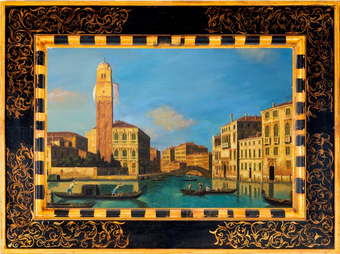 Scuola italiana (XX), After Canaletto - Vista della conduzione del Canale di Cannaregio nel Canal Grande con il  Palazzo Labia, il Campanile