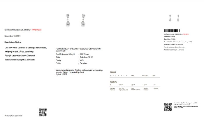 Ingen mindstepris - Ørestikkere - 14 karat Hvidguld -  3.02ct. tw. Diamant (Laboratoriedyrket) - D-E VVS IGI-certificeret