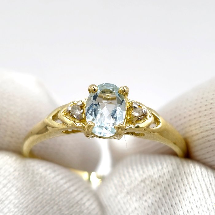 Ingen mindstepris - Forlovelsesring - 9 kt. Gulguld -  0.50ct. tw. Akvamarin - Diamant - Bryllups brude ring