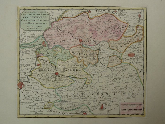 Holland - Limburg, Maastricht, Valkenburg, Heerlen, Sittard; Isaac Tirion - Nieuwe en Naaukeurige Kaart van de drie Landen van Overmaaze, Valkenburg, Daalhem en 's Hertogenrade - 1751-1760