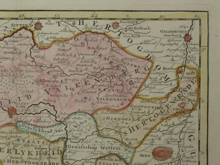 Holland - Limburg, Maastricht, Valkenburg, Heerlen, Sittard; Isaac Tirion - Nieuwe en Naaukeurige Kaart van de drie Landen van Overmaaze, Valkenburg, Daalhem en 's Hertogenrade - 1751-1760