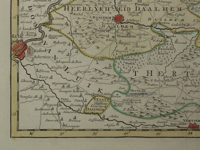 Holland - Limburg, Maastricht, Valkenburg, Heerlen, Sittard; Isaac Tirion - Nieuwe en Naaukeurige Kaart van de drie Landen van Overmaaze, Valkenburg, Daalhem en 's Hertogenrade - 1751-1760