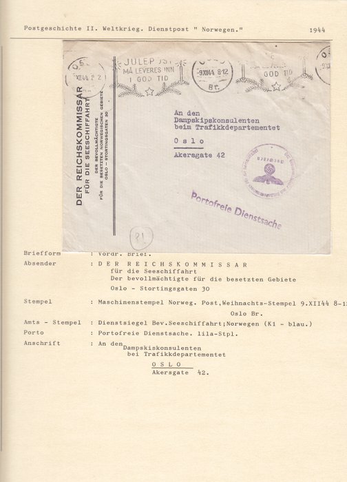 Tyskland 1943/1944 - Besættelse af Norge "Reichskommissær for de besatte norske områder" Oslo, Stavanger etc, 3 breve