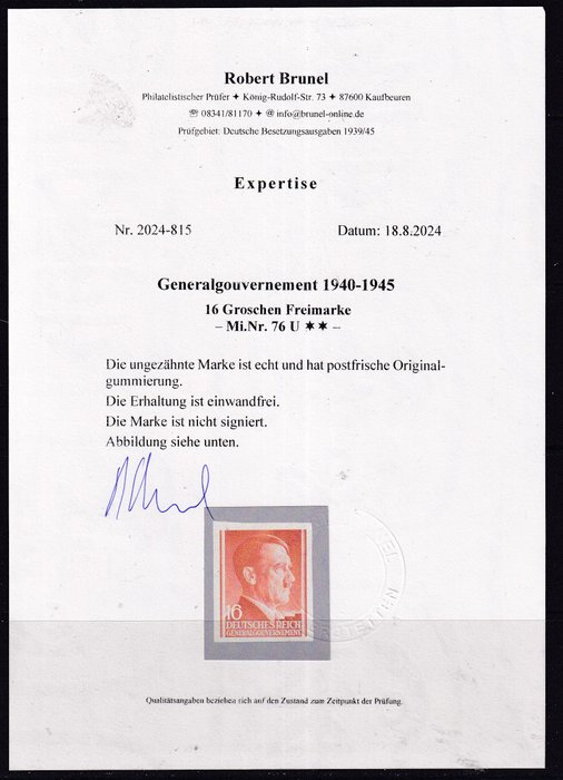 Generalgouvernement 1941 - Uperforeret Hitler-spørgsmål. CERTIFIKAT: R.Brunel. - Michel: 76 U