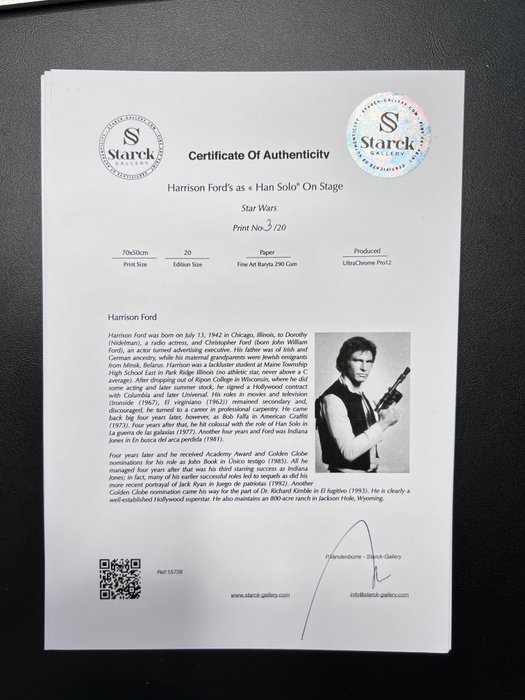 Star Wars, Harrison Ford as "Han Solo" - Art Photography - Luxury Wooden Framed 70X50 cm - Limited Edition Nr 03 of 20 - Serial ID 15726 - Original Certificate (COA), Hologram Logo Editor and QR Code - 100% New items.