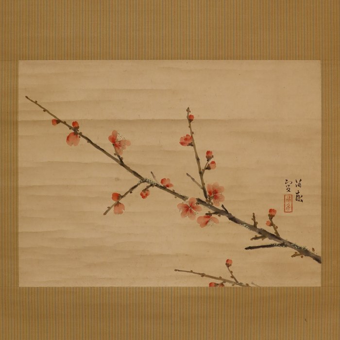 Red Plum Tree - Med signatur Tekiho sha 笛畝寫 - Papir - Nishizawa Tekiho (1889-1965), Tomo-bako - Japan - Shōwa-periode (1926-1989)