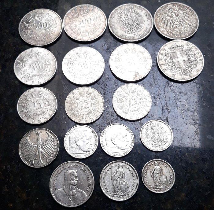 Verden Tyskland Østrig Italien Schweiz Lot of 18 solid silver coins from 1874-1964 1874-1964  (Ingen mindstepris)