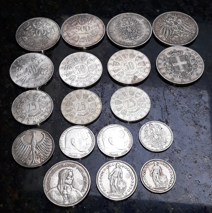 Verden Tyskland Østrig Italien Schweiz Lot of 18 solid silver coins from 1874-1964 1874-1964  (Ingen mindstepris)