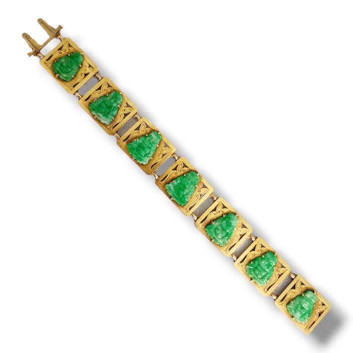 Armbånd Vintage 14 karat guld og udskåret grøn jade art deco stil armbånd