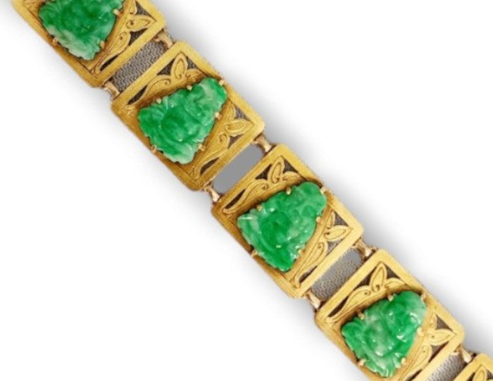 Armbånd Vintage 14 karat guld og udskåret grøn jade art deco stil armbånd