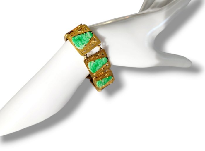 Armbånd Vintage 14 karat guld og udskåret grøn jade art deco stil armbånd