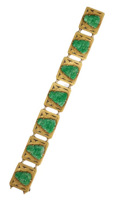 Armbånd Vintage 14 karat guld og udskåret grøn jade art deco stil armbånd