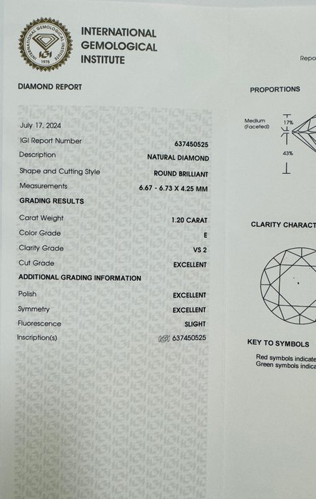 1 pcs Diamant  (Natur)  - 1.20 ct - Rund - E - VS2 - International Gemological Institute (IGI) - *3EX*