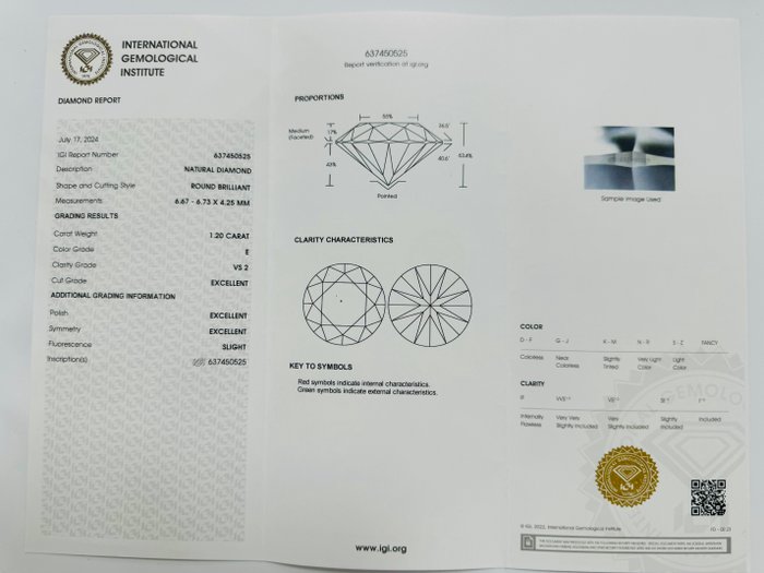 1 pcs Diamant  (Natur)  - 1.20 ct - Rund - E - VS2 - International Gemological Institute (IGI) - *3EX*