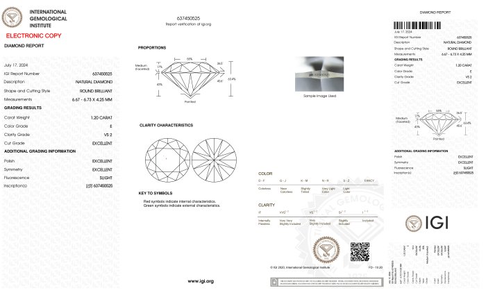 1 pcs Diamant  (Natur)  - 1.20 ct - Rund - E - VS2 - International Gemological Institute (IGI) - *3EX*