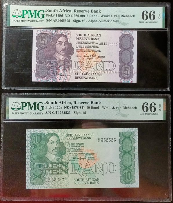 Sydafrika. - 5 and 10 Rand ND (1978-90) - Pick 119d, 120a  (Ingen mindstepris)