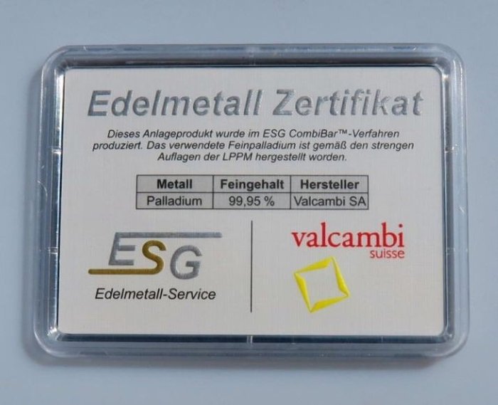 1 gram - Palladium - Valcambi - i en international blister  (Ingen mindstepris)