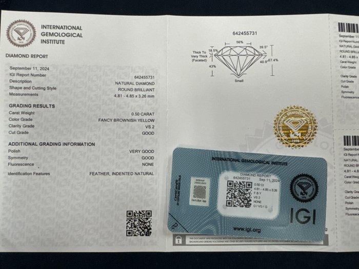 Ingen mindstepris - 1 pcs Diamant  (Naturfarvet)  - 0.50 ct - Rund - Fancy Brunlig Gul - VS2 - International Gemological Institute (IGI)