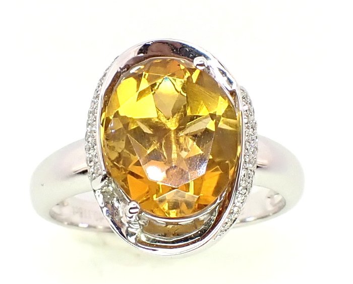 Ring - 18 kraat Hvidguld Citrin - Diamant