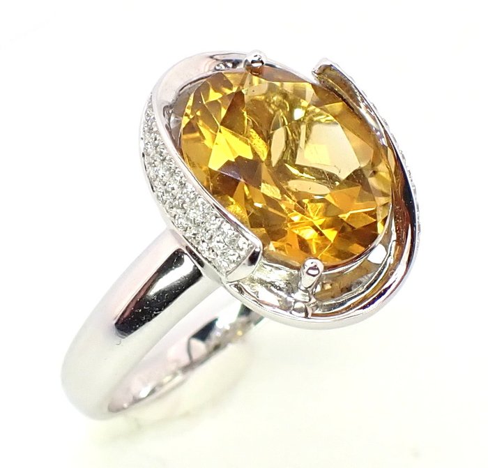 Ring - 18 kraat Hvidguld Citrin - Diamant