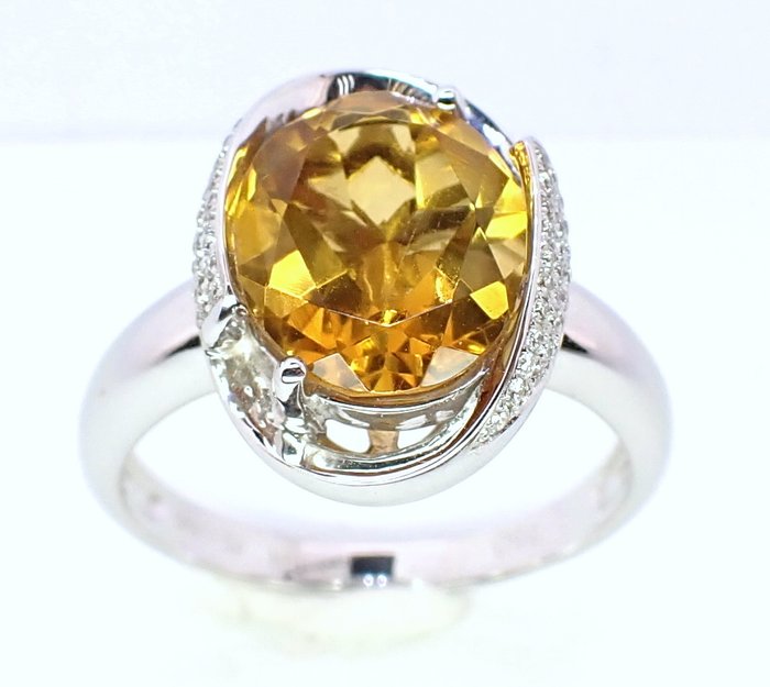 Ring - 18 kraat Hvidguld Citrin - Diamant