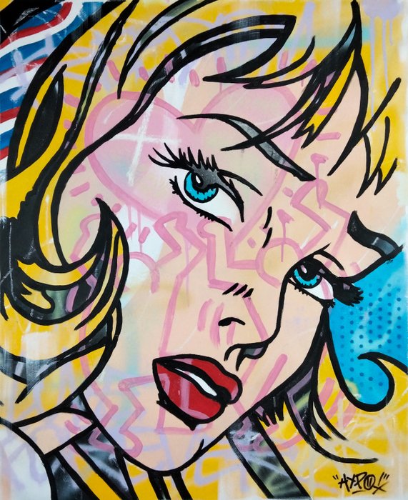 Hipo (1988) - Hipo X Roy Lichtenstein X Keith Haring - Girl with Hair Ribbon / I miss you (Original artwork)