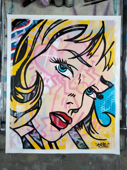 Hipo (1988) - Hipo X Roy Lichtenstein X Keith Haring - Girl with Hair Ribbon / I miss you (Original artwork)