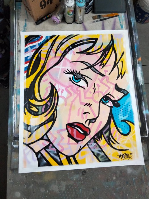 Hipo (1988) - Hipo X Roy Lichtenstein X Keith Haring - Girl with Hair Ribbon / I miss you (Original artwork)